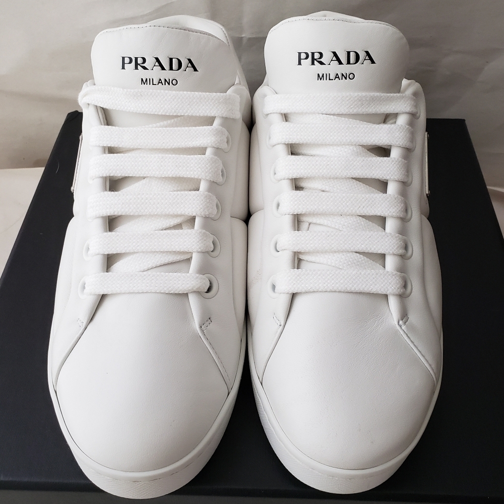 Prada Triangle Logo Padded Sneakers White Leather New - Picture 7 of 16